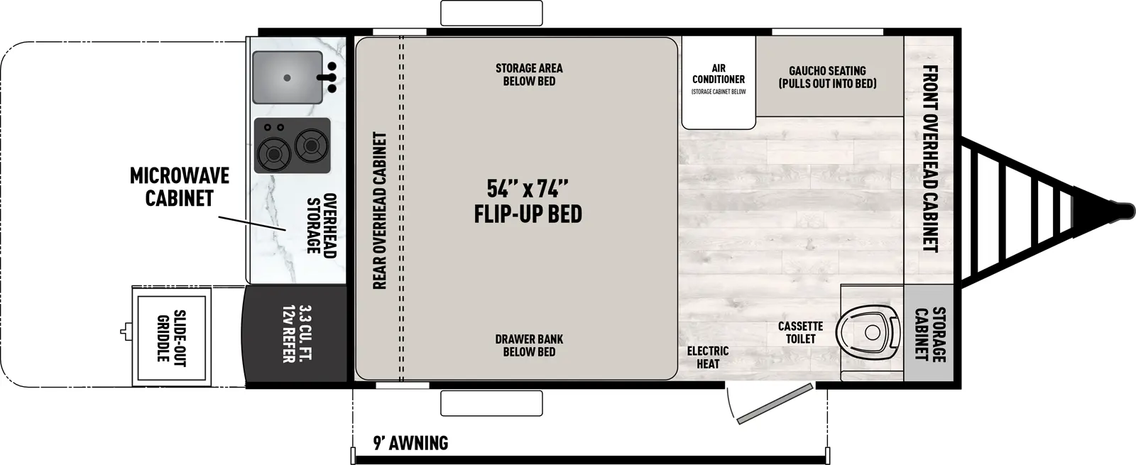 The Clipper 9000 Series & 12000 Series 12000ROK floorplan has one entry and zero slide outs. Exterior features include: metal exterior, 9' awning and outside kitchen. 